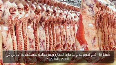 ضبط 150 كيلو لحوم مذبوحة خارج المجازر وغير صالحة للاستهلاك الآدمي في العبور بالقليوبية